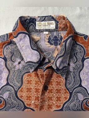 Vintage Batik Keris Short Sleeve Shirt Men 16.5 L Brown Purple Indonesian Cotton